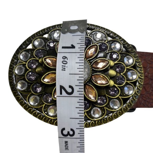 Brown Floral Faux Leather Belt with Ornate Rhinestone Flower Buckle - Picture 7 of 10